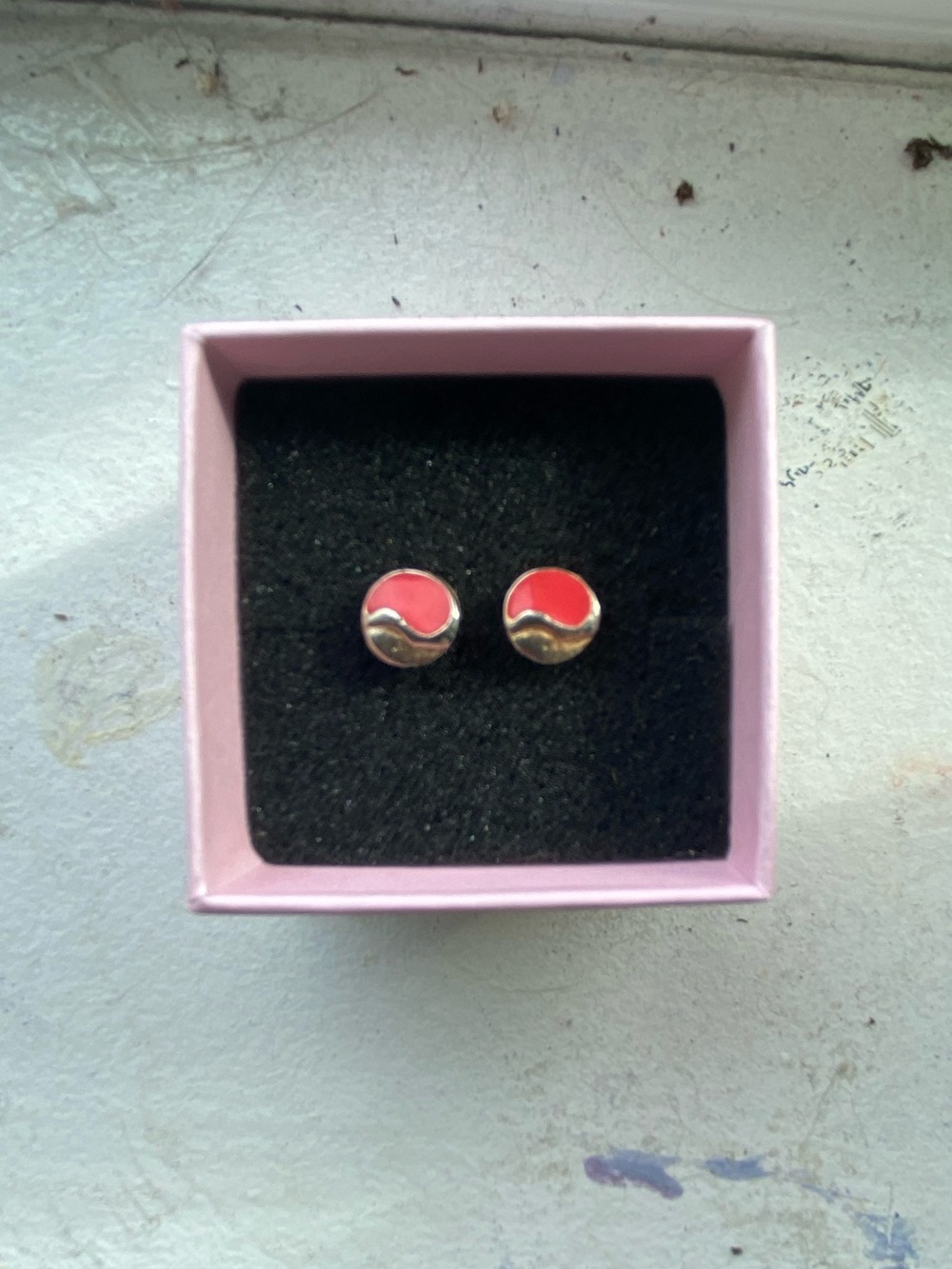 Vintage Red and Silver Enamel Wave Stud Earrings